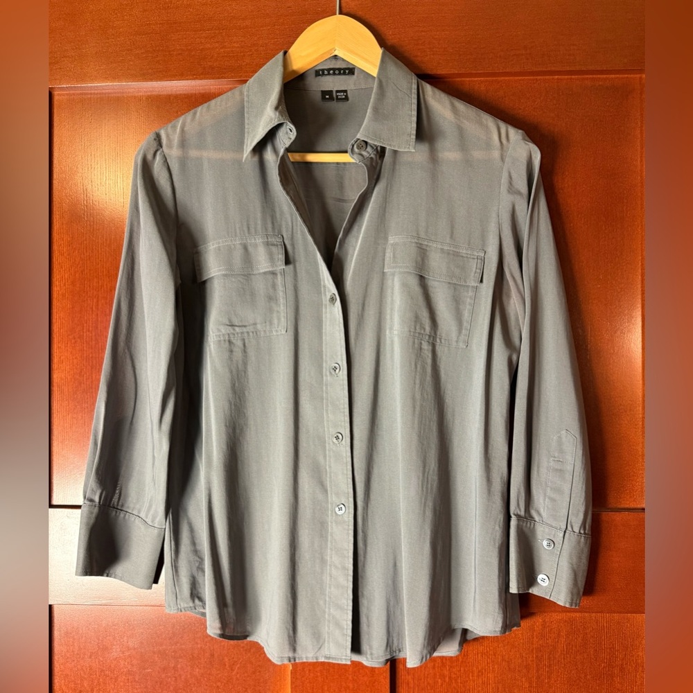 Theory Women’s Sheer Charcoal Button Down 3/4 Sleeve Blouse Size Medium